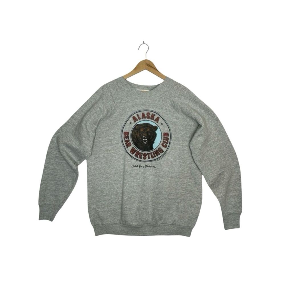VINTAGE Gray Alaska Bear Wrestling Club Crewneck Sweatshirt Size XL